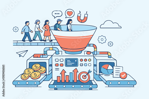 Digital marketing funnel with diverse team collaboration and analytics dashboard Vector
