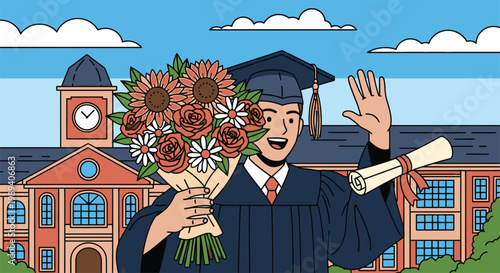 Young man in graduation gown waving.