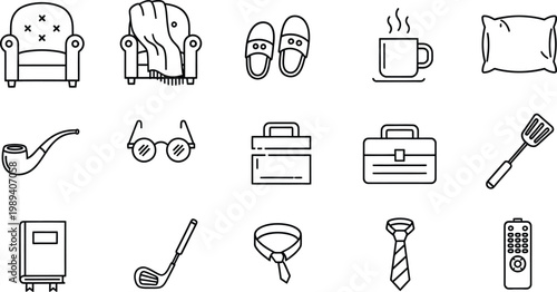 Line art icons of furniture accessories and personal care items isolated on transparent background
