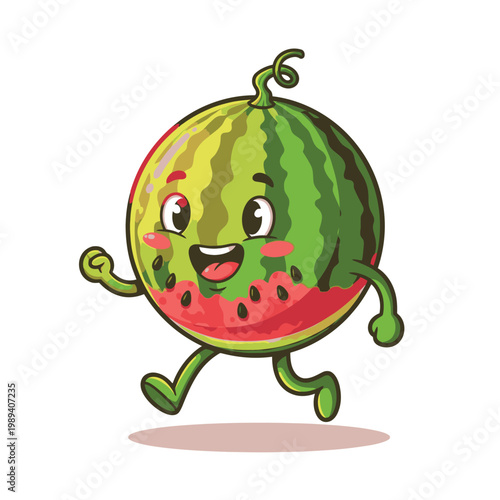 Cartoon watermelon character running happily.