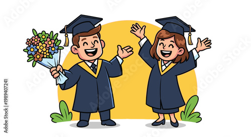 Two happy graduates in blue gowns.