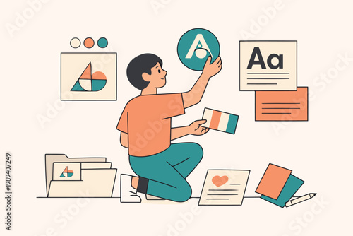 Child exploring educational apps and materials on digital devices. Vector