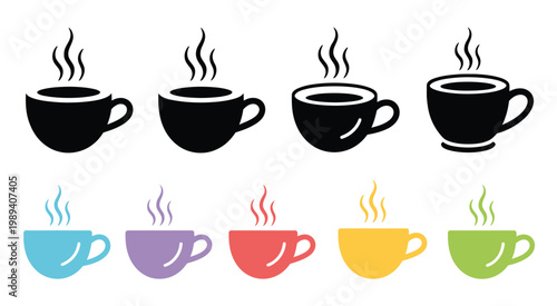 Coffee Cups Steam Silhouettes Colorful Black Row Hot Beverage Drink Cafe Morning Vector Illustration Set Isolated Background