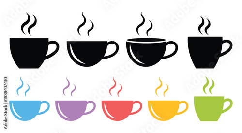 Coffee Cups Steam Silhouettes Colorful Black Row Hot Beverage Drink Cafe Morning Vector Illustration Design Isolated Background
