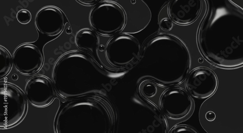 Abstract Black Liquid Bubbles and Glossy Dark Fluid Drops Background