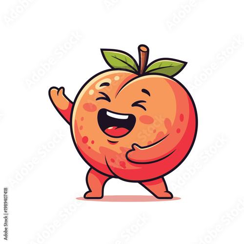 Cartoon peach character smiling happily.