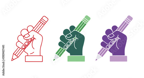 Close-up of a hand holding a pencil with colorful illustrations of the same hand in different colors on a white