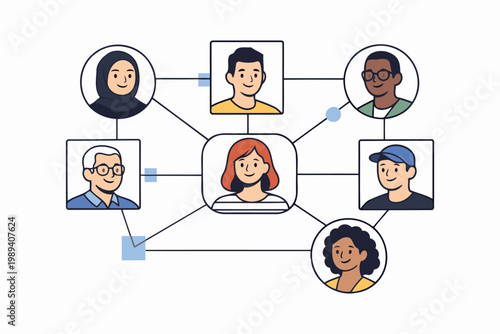 A central figure communicating with six diverse individuals in a network diagram Vector