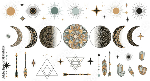 Celestial Moon Phases and Boho Esoteric Symbols Set