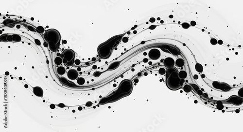 Abstract Black Ink Drops and Fluid Waves on White Background