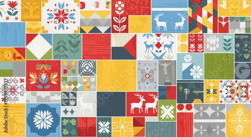 Scandinavian Folk Art Mosaic Pattern with Reindeer and Floral Motifs