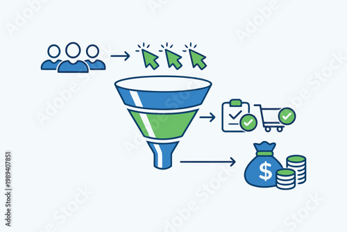 Digital marketing funnel illustrating user engagement to conversion and revenue generation Vector