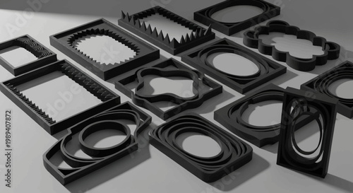 Set of Abstract Geometric 3D Printed Frames on Grey Background