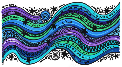 Abstract Hand Drawn Wavy Pattern with Stars and Doodles