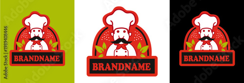 Vector logo illustration for pizza restaurant. Chef of italian food pizza restaurant, menu label. 