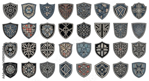Set of Fantasy Medieval Shields with Ornate Geometric Patterns and Heraldic Emblems