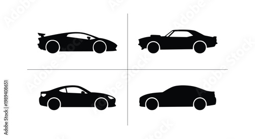 Modern sports car silhouette set, black automotive vector icons, collection of 4 sleek racing vehicle profiles, minimalist muscle car and supercar shapes