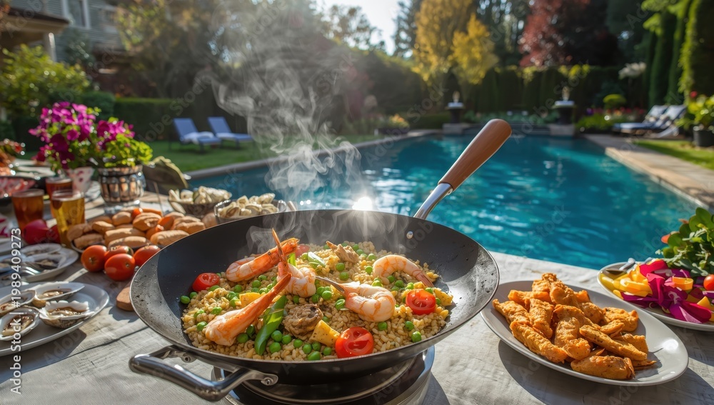 Fototapeta premium Steaming seafood risotto in a large wok at an outdoor hotel brunch by the pool. Fresh food buffet catering concept.
