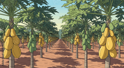 Vector Illustration of a Large Papaya Farm with Rows of Trees Bearing Ripe and Green Fruits,