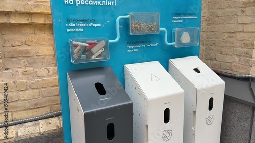Recycling bins for waste sorting in urban area, sustainability and environmental concept, garbage separation, eco lifestyle, clean city initiative