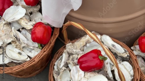 Fresh oysters in baskets with red peppers, seafood and gourmet food concept, market scene, raw shellfish, culinary ingredients, natural close up