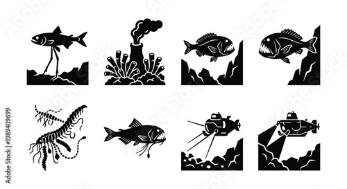 Deep sea exploration vector icons, abyssal marine life and submarine research set, black silhouette underwater creature illustrations