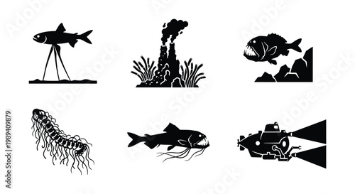 Deep sea exploration vector icons, set of 6 black silhouettes of marine life and hydrothermal vents, abyssal fish and submarine research equipment