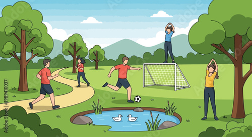 People enjoying diverse outdoor activities in a sunny park with soccer, running, and yoga.