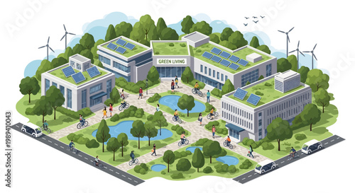 Eco-friendly university campus with solar panels, wind turbines, and green spaces.