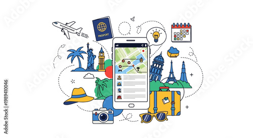 Travel Planning App Concept: Landmarks, Suitcase, Map & Calendar Icons