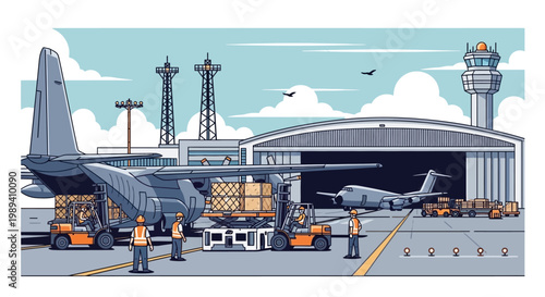 Airplane cargo loading at airport hangar with forklifts and workers, pixel art style