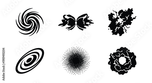 Abstract cosmic explosion and galaxy silhouettes, set of 6 black celestial vector icons, spiral vortex and nebula shapes for sci-fi design