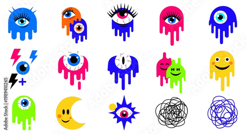 Abstract characters with eyes and dripping paint