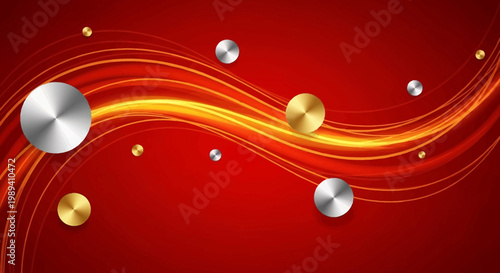 Abstract Red Luxury Background with Golden Flowing Waves and Metallic Circles