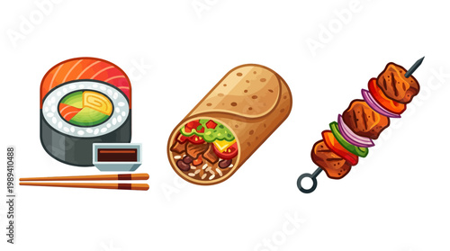 Sushi burrito and meat skewer food.