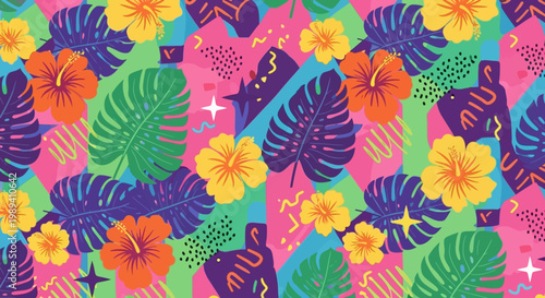 Vibrant tropical floral pattern with leaves and flowers on colorful background