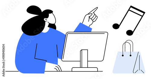E-commerce, online shopping, music streaming, digital services, creative work, productivity. Woman at a desk with a computer pointing to music notes and a shopping bag. E-commerce and digital