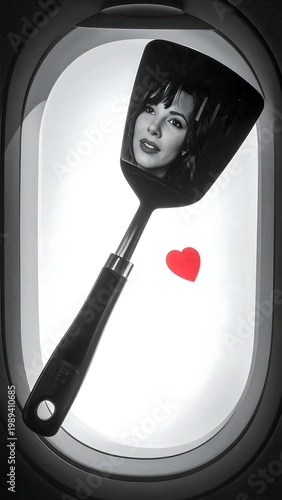 Conceptual Surreal Image Of A Black Kitchen Spatula A Woman Portrait And A Small Red Heart On A Glowing White Background