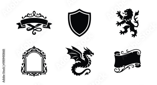 Medieval heraldry vector set, vintage coat of arms elements with dragon and lion, 6 black heraldic icons including shield and scroll banners