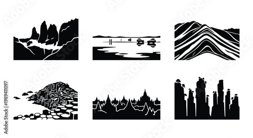 Minimalist black and white landscape icons, set of 6 nature and travel vector illustrations, mountain and coastal scenery silhouettes for branding