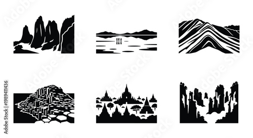 Minimalist landscape vector icons, black and white mountain and nature scenery set, 6 geometric travel and adventure illustrations for branding