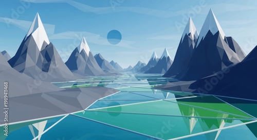 Low Poly Mountain Landscape with Geometric River and Blue Sky