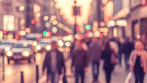 Blurred City Street Scene with Pedestrians and Traffic Lights at Dusk.