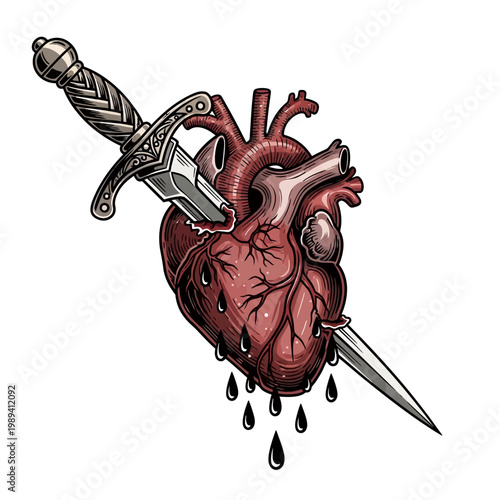 A sword pierces a bleeding heart with droplets