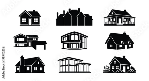 Minimalist house icons set, black silhouette residential building vector collection, modern and traditional home exterior architecture symbols for real estate