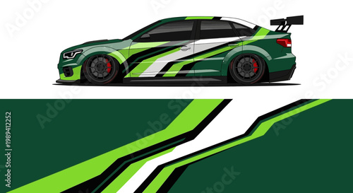 Green racing car with bold lime accents speeding on track under stylized neon graphics.
