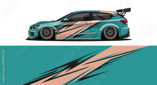 Sleek teal race car with orange stripes speeding on track.