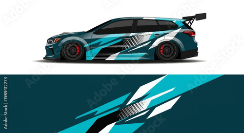 Teal and blue race car with dynamic graphic livery and speed design.