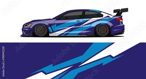 Blue racing sports car featuring bold graphics, aerodynamic design, and sleek profile on a race track.