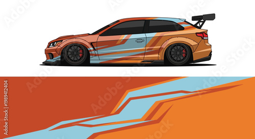 Dynamic orange sports car with blue racing stripes on a bold abstract orange and teal background.